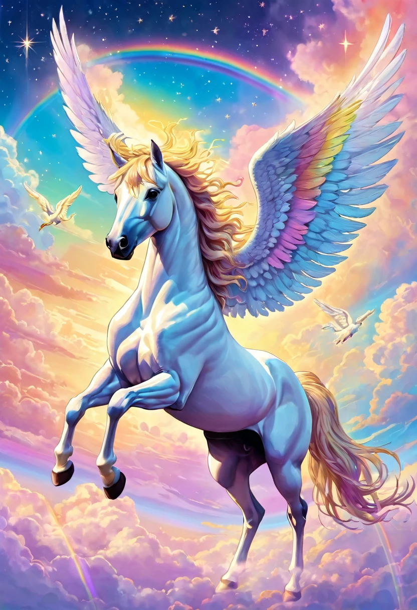 White pegasus flying in pastel rainbow sky, golden standing hair, sacred, clouds, shooting stars