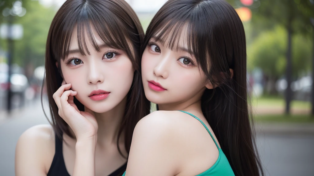 Japanese women photos. Fits your face. Age 25, Sharp jaw, RAW Photos, masterpiece, Highly detailed photos, Digital single-lens reflex camera, Photorealistic 3.9, Ultra-high resolution, Highest quality, Pink Lips, Perfect Makeup, big, Bright green eyes,White and clear skin:1.2、big breasts:1.2