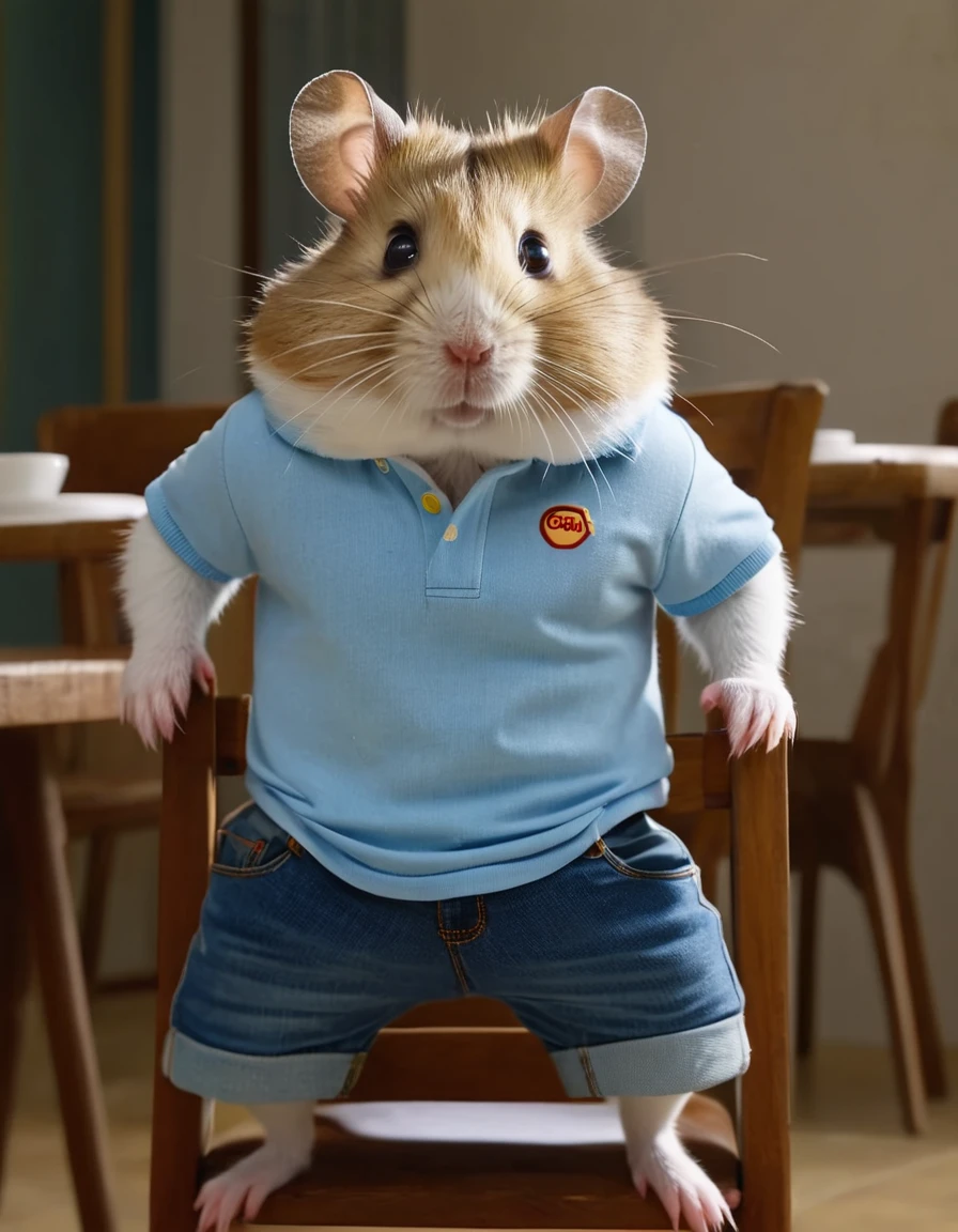 full-shot photograph of an anthropomorphic hamster, dressed in an Opel brand Polo with short light blue denim shorts, sitting on a wooden chair in an elegant dining room having a hot coffee, full HD, 8k