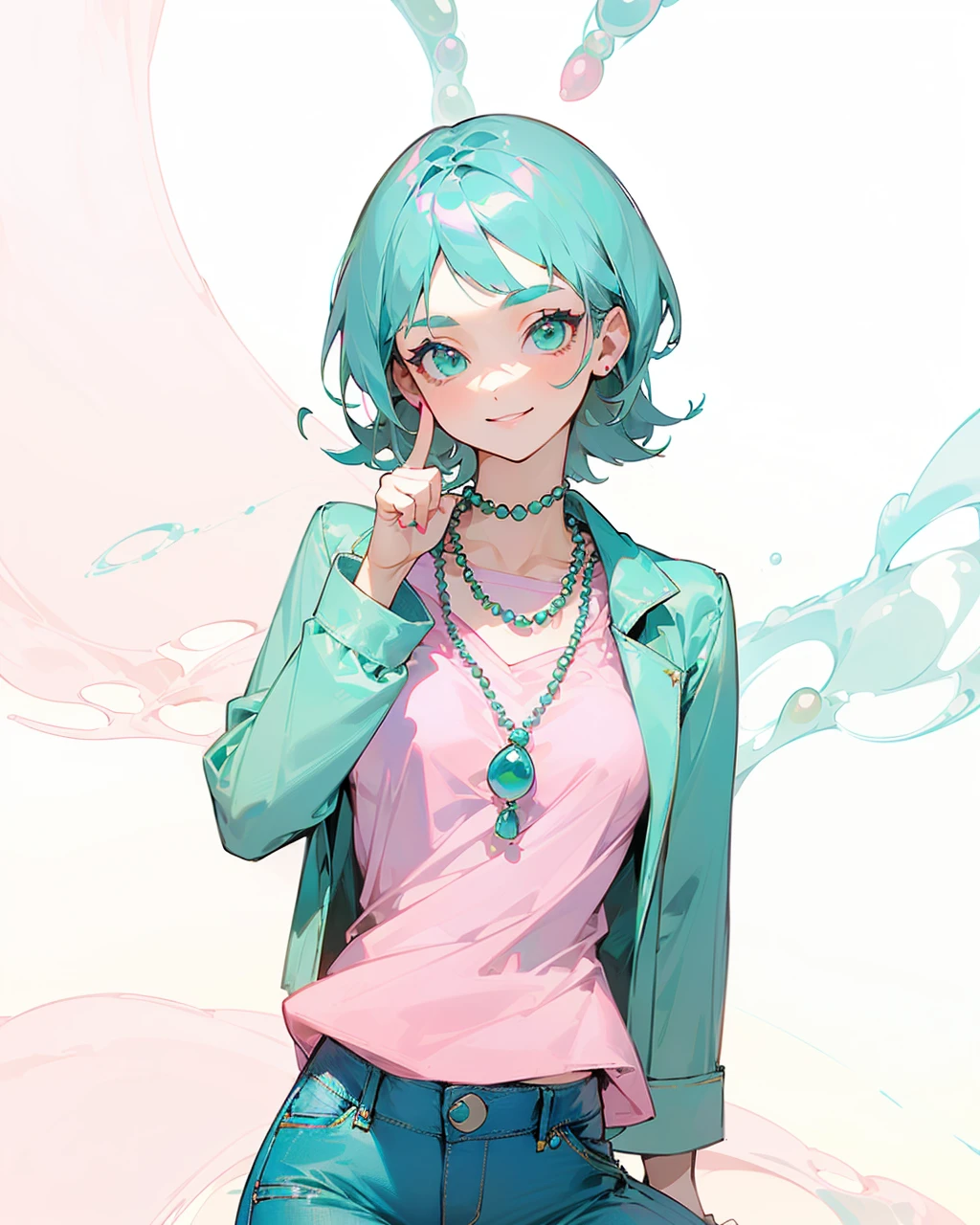 ((Adult)) ((girl)) ((woman)) ((blue short hair)) ((green eyes)) ((idle pose)) ((front view)) ((white top with flares)) ((dark turquoise jeans)) ((turquoise jacket)) ((pink pearls necklace)) ((one hand up)) ((one finger up)) ((front view)) ((looking at you)) ((smiling)) ((pink nails)) ((front view)) ((front face)) ((sky backgroud))