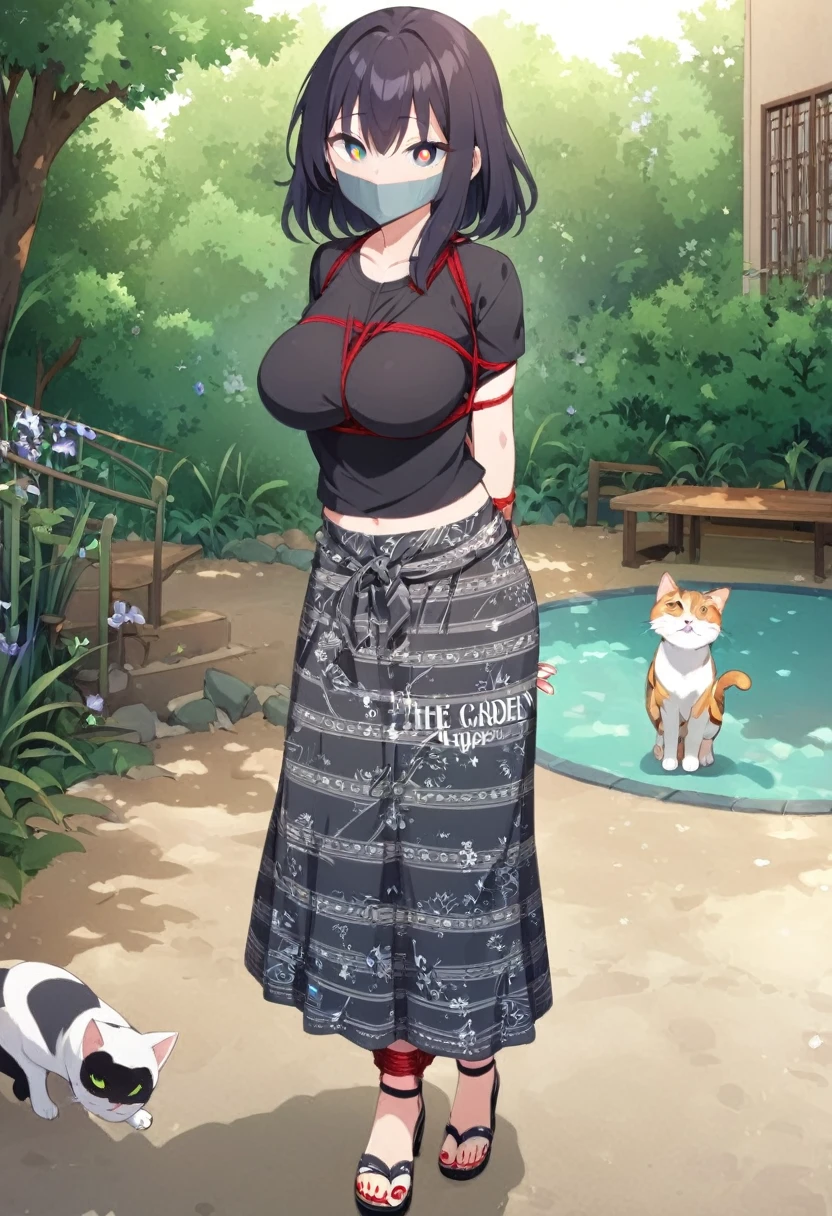 score_9, score_8_up, source_anime, 1girl, solo,The photo shows a young person standing outdoors, They are smiling and wearing a black t-shirt with a design featuring a cat and text, paired with a patterned brown sarong or long skirt and sandals. The background appears to be a garden or a green outdoor area..(bound wirsts), (arms behind back), (tapegag, tape gag), dramatic, (looking at viewer), (detailed pupils:1.3), ,red rope, thick rope,normal breast,full body
