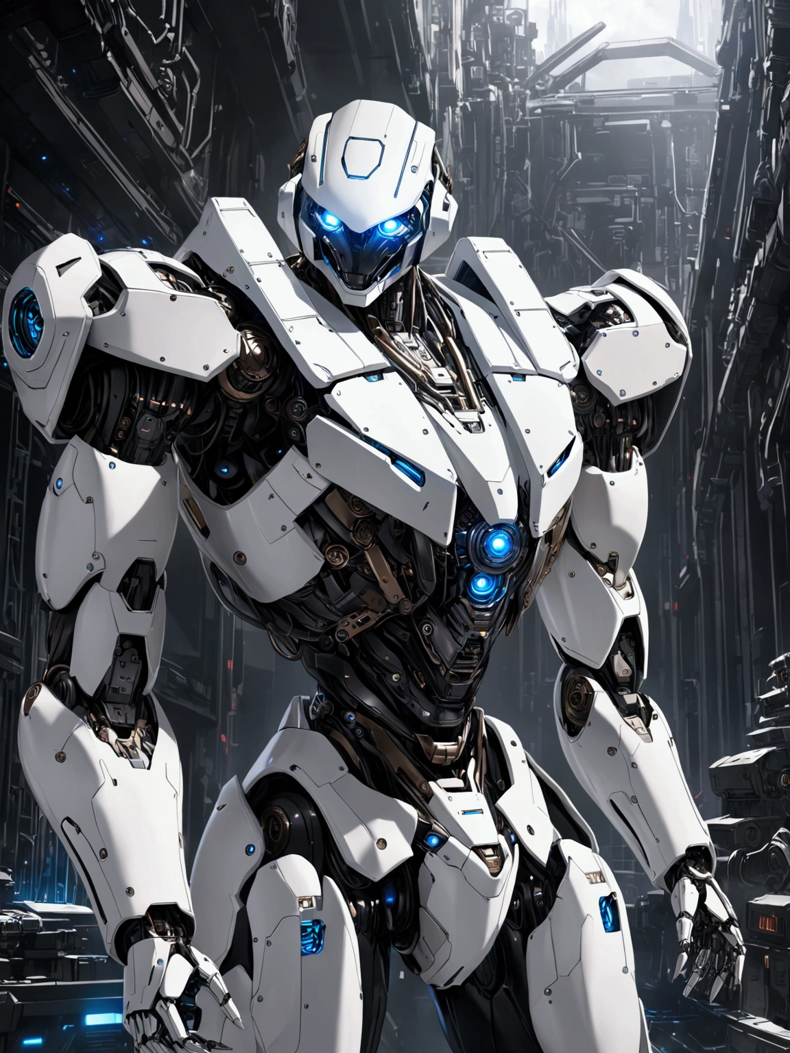 ((masterpiece)), ((best quality)), (from front, facing front), (cyber, war robot, massive), 1man, adult man, solo, black skin, human head, long brown hair, blue eyes, solid white robot armor, smiling, hyper-detailed, metallic sheen, futuristic, mechanical, striking, powerful, awe-inspiring, moody, atmospheric