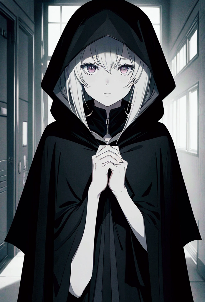 a black cape with a hood without details and does not reveal what is underneath anime style in the hallway of a very very dark school ( only the layer that does not show what I left there )