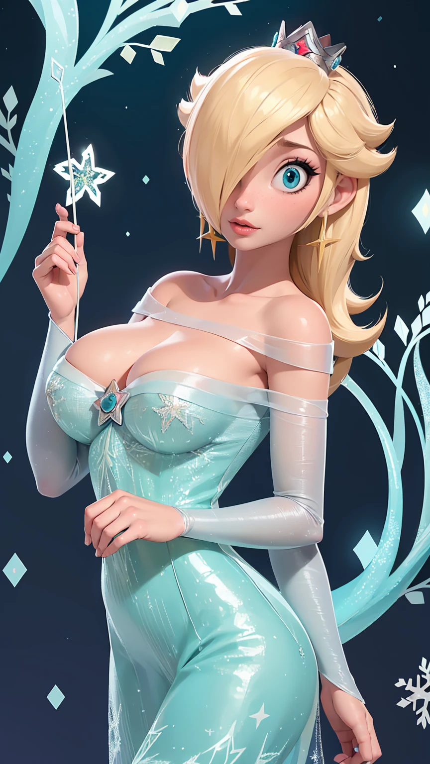 (Best Quality). (ultra detailed). (1 girl), looking at the viewer. (detailed background). beautiful detailed eyes. Delicate and beautiful face. (high saturation), big breasts, sagging breasts, (((sexy elsa costume))),