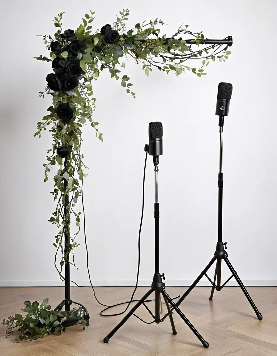 Boom microphone stands, decorated with decorative vines with black flowers.