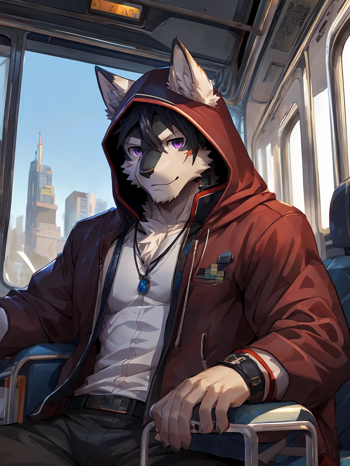 embedding:black wolf, male,purple eyes,Scar on the face, scar on the body,Single person,The side,In the carriage,Look outside,Outside the train is the city.Headset,A hood jacket,Without a hood,Black jacket,Bust,The game CG,Illustration,On the train,The highest quality of scene detail,adult,Tall and powerful,muscle,Best quality hands, best quality eye,detailed fur,Delicate eyes.Extreme picture quality,by sollyz,by zixiong,by milkytiger1145