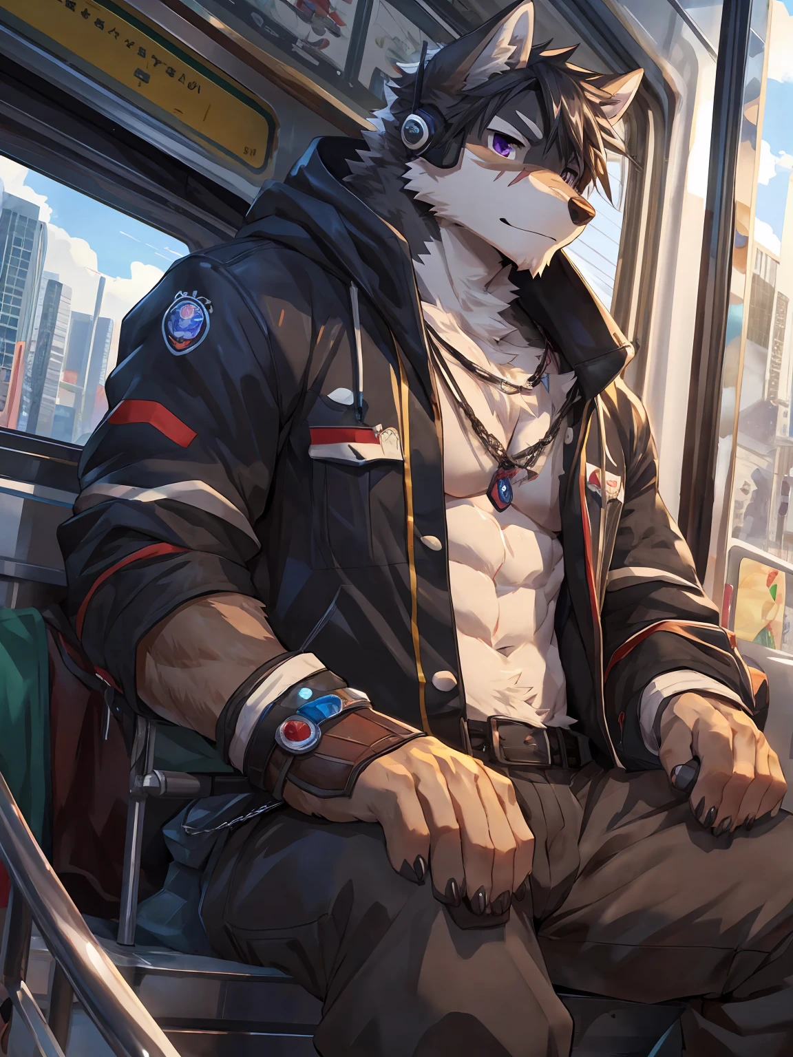 embedding:black wolf, male,purple eyes,Scar on the face, scar on the body,Single person,The side,In the carriage,Look outside,Outside the train is the city.Headset,A hood jacket,Without a hood,Black jacket,Bust,The game CG,Illustration,On the train,The highest quality of scene detail,adult,Tall and powerful,muscle,Best quality hands, best quality eye,detailed fur,Delicate eyes.Extreme picture quality,by sollyz,by zixiong,by milkytiger1145
