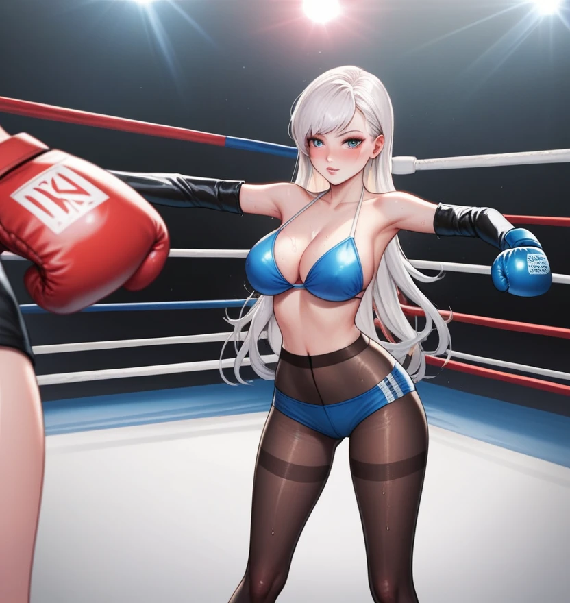 Korean beautiful girl boxer，18 years old,Pretty Face，Good shape，detailed picture, Solemn expression， blush，White long hair, Wearing a bikini，Soaked，Wear black pantyhose，high-heel boots, Wearing black boxing gloves，Black sleeves on arms, Standing in the boxing ring and kicking，Large Breasts,Cleavage,Long legs，Thin waist，nipple，