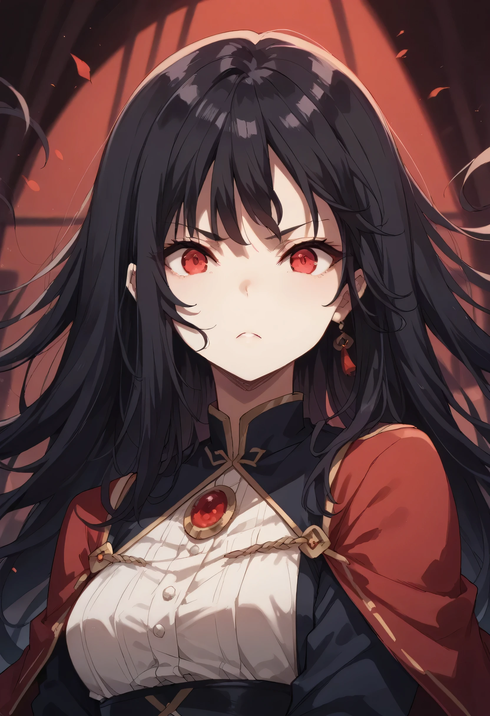 black hair hair,red eyes,long hair,