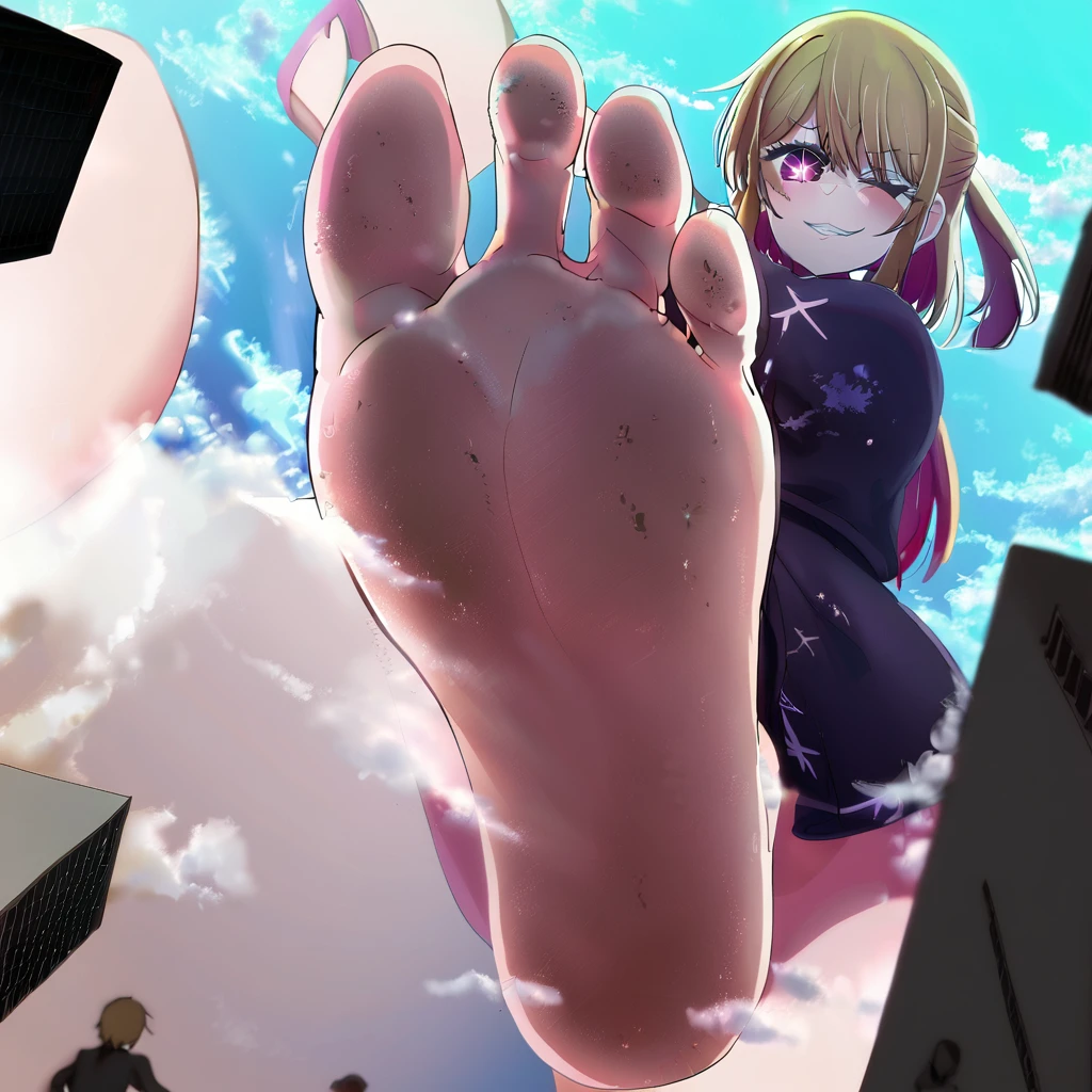 1 girl, oshi no ko, ruby hoshino, stepping,(pov from above:1.3), stepped on, pov, low angle, no shoes, feet, looking down, toes, one foot out of frame, leg lift, foot focus, barefoot, standing on one leg, depth of field, outdoors,( foreshortening:1.2), facial blur, blurry face, building, city, sky, cloud, giantess, mega size, masterpiece, best quality, absurdres, ultra detailed, detailed smirk, glaring, blonde, 6 pointed star pupil on right eye, five toes, detailed star pupil, full body shown, stinky feet, dirty feet