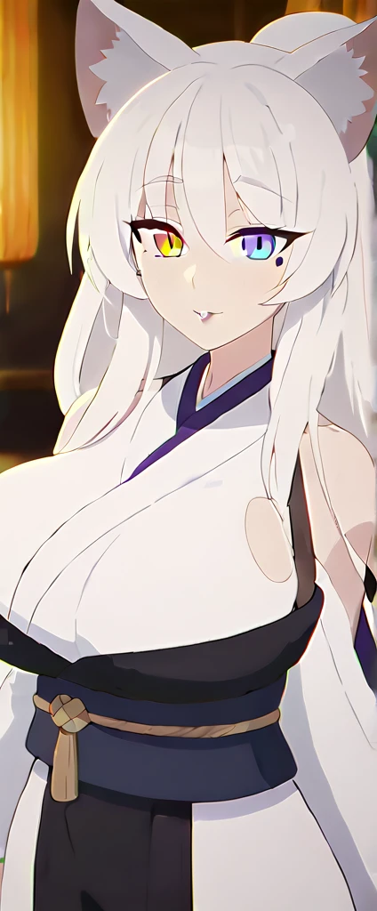 beautiful white neko, long white neko ears, white neko tail, anime style, purple eye, blue eye, big breasts, extremely detailed eyes and face, Wearing white and black open shoulder kimono, white long hair, heterochromia, wide waist, mature woman, black small beauty mark under right eye