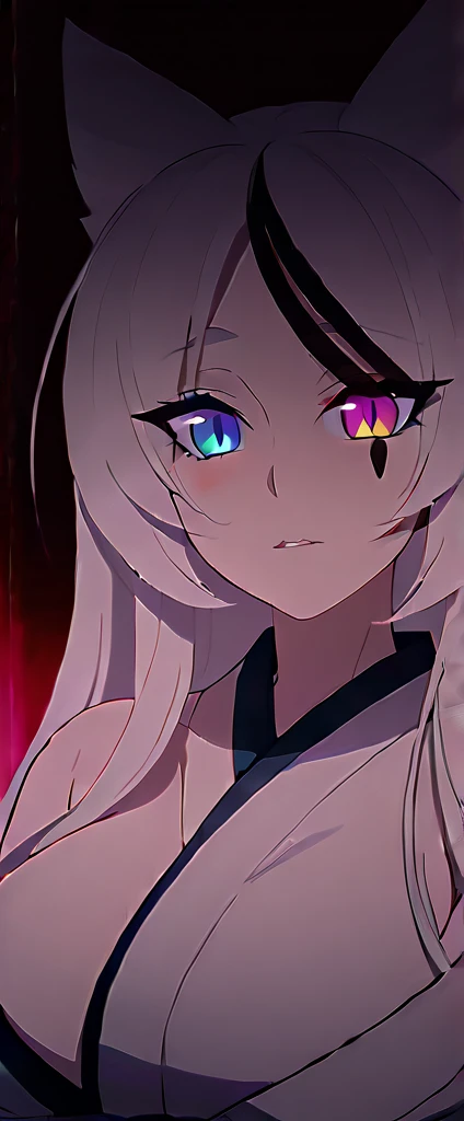 beautiful white neko, long white neko ears, white neko tail, anime style, purple eye, blue eye, big breasts, extremely detailed eyes and face, Wearing white and black open shoulder kimono, white long hair, heterochromia, wide waist, mature woman, black small beauty mark under right eye