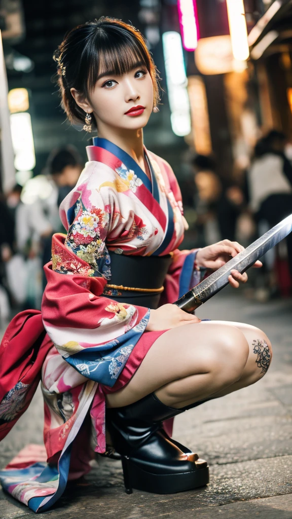 Beautiful Chinese woman, (), cute face, red lips, white moist skin, moles, under-eye bags,
BREAK,
Feminine body with high athletic ability, Body of a female fitness model, Feminine body with hard tones, (muscles: 1.2), (beautiful belly button),
BREAK,
Martial artist, Kung Fu fighter, Idol,
BREAK,
(wearing cute kimono: 1.3), (kimono with high exposure), (red long boots 1.3), necklace, very large earrings, short length,
BREAK,
Short hair, (short bob hair), (bangs: 1.2), (pink hair: 1.3), (wavy hair),
BREAK,
(very large Japanese sword: 1.4), (holding the handle of a Japanese sword in hand: 1.3), (raising a very large Japanese sword: 1.2), (taking a fighting stance),
BREAK,
(Japanese tattoo: 1.4),
BREAK,
Masterpiece, perfect lighting, Ultra high resolution, 8K, (highly detailed:1.4), (front view), looking at camera, melancholic expression,
BREAK,
(Tokyo city, lots of people in background), Japanese city background,