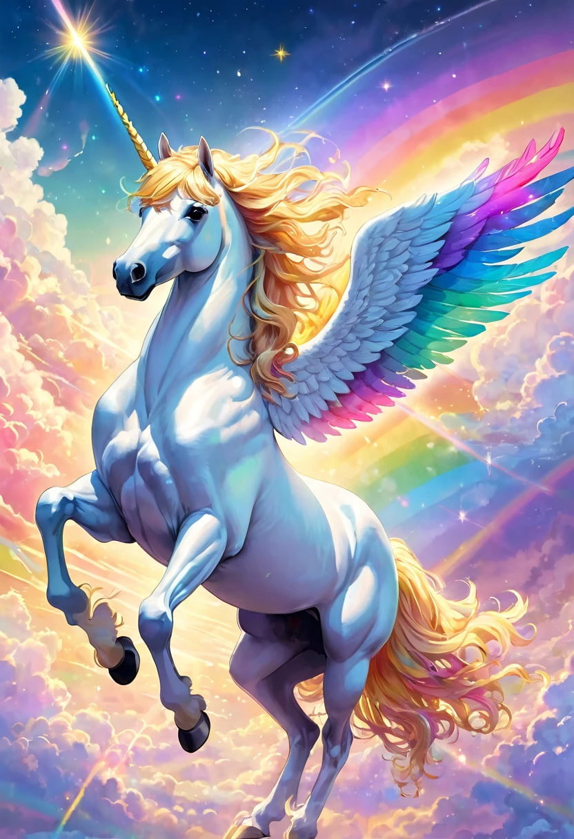 White Pegasus flying in the sky with pastel rainbow colors, golden standing hair, divine, clouds, shooting stars, fine grains of light, perfect lighting