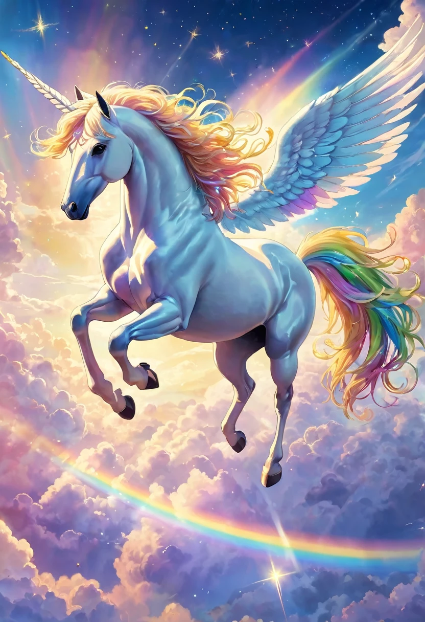 White Pegasus flying in the sky with pastel rainbow colors, golden standing hair, divine, clouds, shooting stars, fine grains of light, perfect lighting