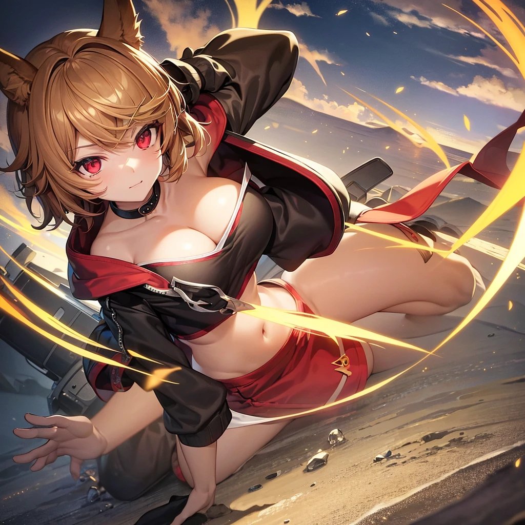 look up to, Perfect body, 1 girl, very short hair, hime cut, parted bangs, light brown hair, streaked hair, arrogant smile, tareme, animal ears, ,p, cleavage cutout, Red eyes, kunder-rim eyewear, fur trim, jacket|hoodie, black gauze skirt, black footwear, red Clothes, dusk, dusk sky,