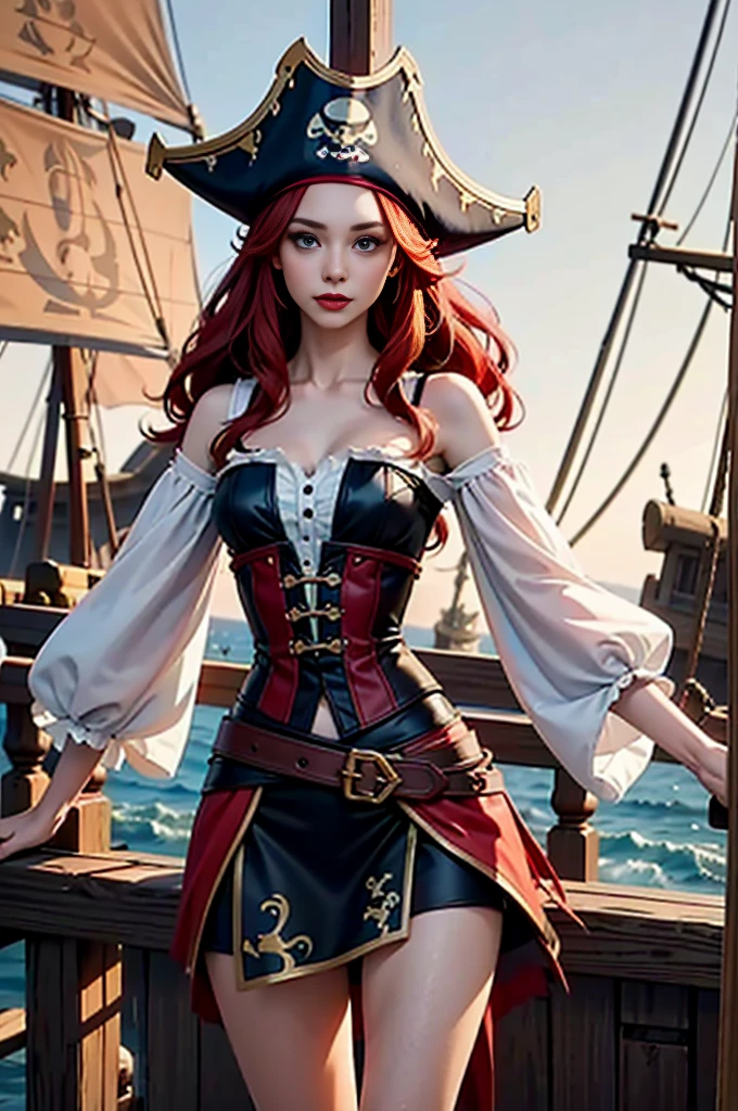 English woman,1girll,Lovely and beautiful Fas,28 year old,Red hair,double tails, Practical pirate clothing, (Long-sleeved pirate top), Skirt,Torn pirate hat, view the viewer, fantasy,(Pirate ship),Cinematic lighting,Masterpiece,