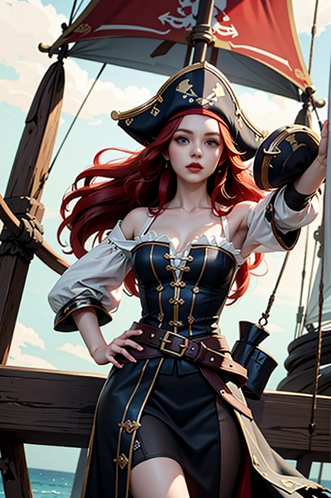 English woman,1girll,Lovely and beautiful Fas,28 year old,Red hair,double tails, Practical pirate clothing, (Long-sleeved pirate top), Skirt,Torn pirate hat, view the viewer, fantasy,(Pirate ship),Cinematic lighting,Masterpiece,