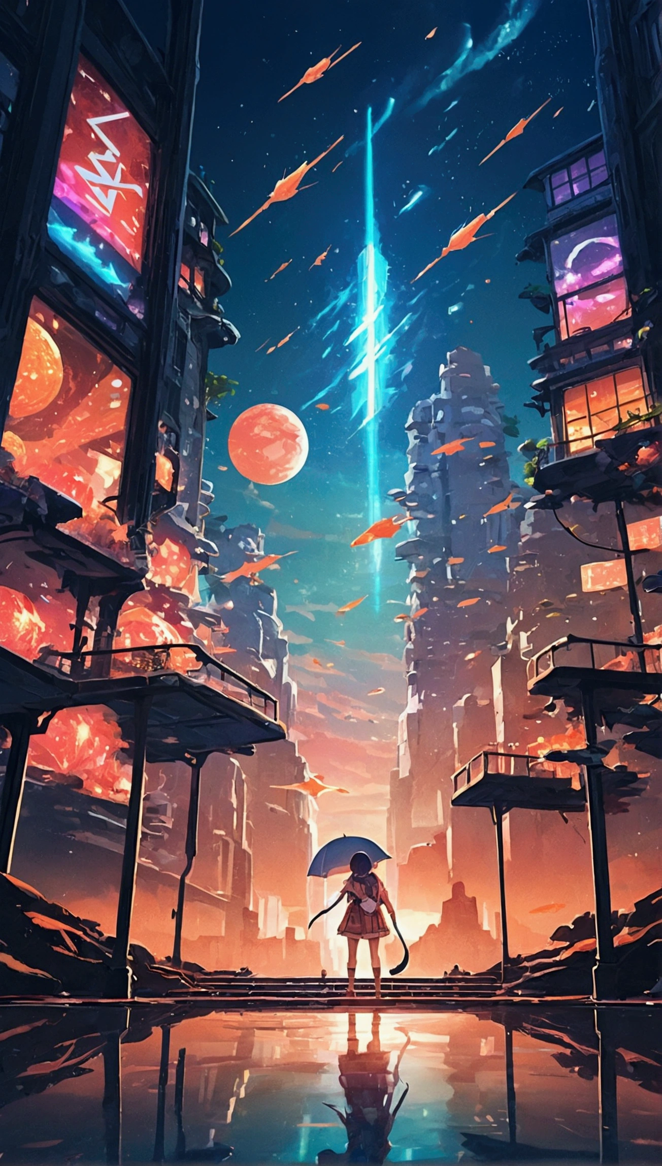 animesque、Faraway view、landscapes、vanishing point、Outrageous resolution、hight resolution、ultra-detailliert、The upper half shows the universe、Below is the sea、Bright atmosphere、Fantasia、magia、Mare、Daylight hours、clean blue sky、sunlight shining、prisma、beautiful lighting、Bright lighting、Soft lighting、Lots of shining magic light、Iridescent light、(Spark:0.7)