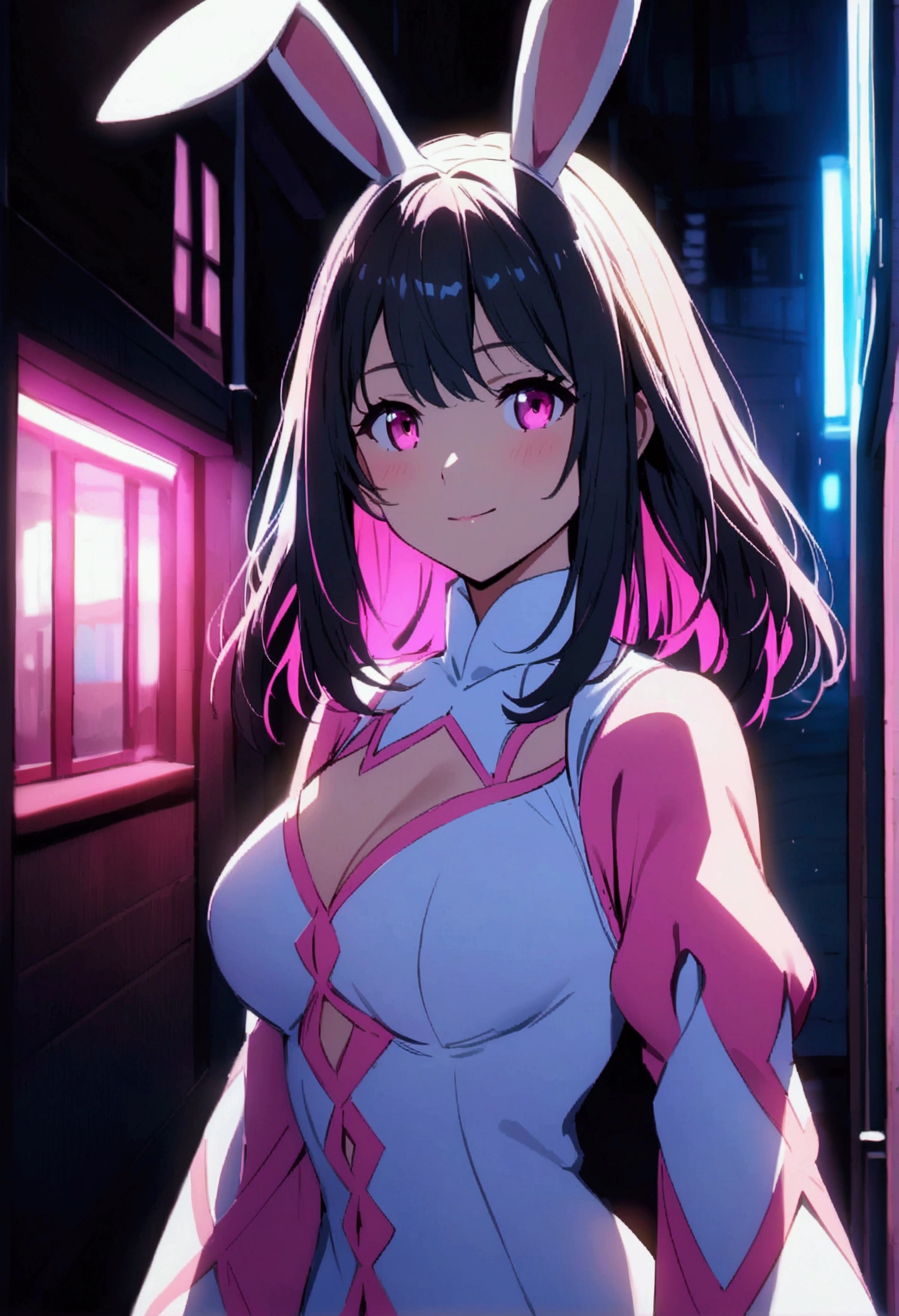 "An anime girl with a light smile, wearing a hyper-detailed white rabbit outfit with pink accents and rabbit ears, standing confidently in a dark urban setting with vibrant colors and cinematic lighting."