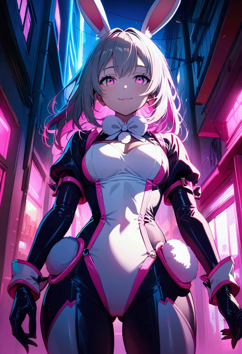 "An anime girl with a light smile, wearing a hyper-detailed white rabbit outfit with pink accents and rabbit ears, standing confidently in a dark urban setting with vibrant colors and cinematic lighting."