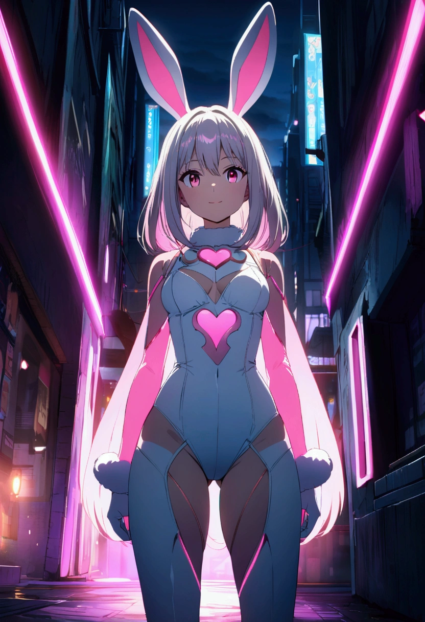 "An anime girl with a light smile, wearing a hyper-detailed white rabbit outfit with pink accents and rabbit ears, standing confidently in a dark urban setting with vibrant colors and cinematic lighting."