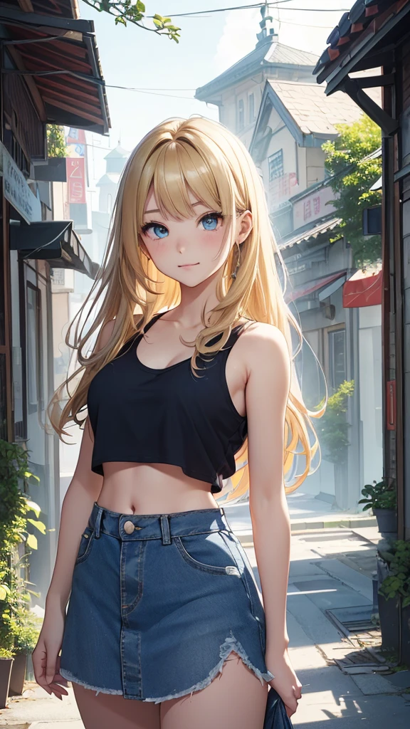 最high quality、best image quality、masterpiece、teenage girl((16-year-old、 By becoming、vest bust、medium bust,wide open breast tea、blue eye, blonde hair、habitual hair、long hair、thin,highest valley、belly button black tank top、blue jean skirt、smug face、leaning forward)),high quality、beautiful art、background((bright town、wall))debris flies、Depth of written boundary、movie、visual art、perfect art、8K,genuine