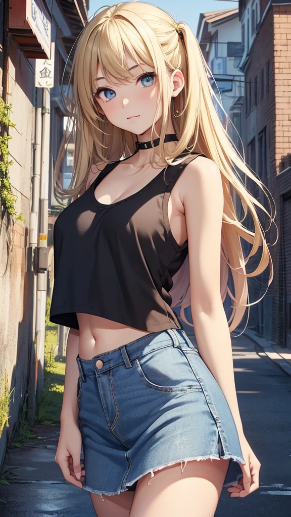 最high quality、best image quality、masterpiece、teenage girl((16-year-old、 By becoming、vest bust、medium bust,wide open breast tea、blue eye, blonde hair、habitual hair、long hair、thin,highest valley、belly button black tank top、blue jean skirt、smug face、leaning forward)),high quality、beautiful art、background((bright town、wall))debris flies、Depth of written boundary、movie、visual art、perfect art、8K,genuine