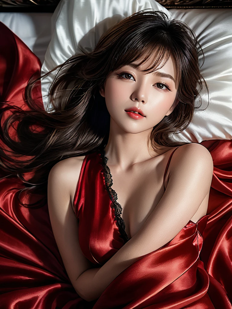 masterpiece, 1 woman per 1photo, full body shot, composition looking subject down from above, a Japanese young pretty woman, hyper pretty face, 18 years old, shoulder length hair, sleeping on a silk bed, opening mouth widely, wearing only a sleeveless silky satin deep red chemise with black laces, busty, wet body, glossy lips, glamorous figure, lying on her back and spreading legs on the silk bed, silk pillow, silk bed sheets, double eyelids in both eyes, natural makeup, long eyelashes, shiny smooth light brown hair, asymmetrical bangs, fair skin, central image, 8K resolution, high detail, detailed hairstyle, detailed face, spectacular cinematic lighting, octane rendering, vibrant, hyper realistic, perfect limbs, perfect anatomy