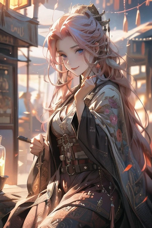 Perfect face. Perfect hands. A handsome pink haired cowboy with violet eyes and long hair in a sheriff's outfit is sitting on a barrel in a wild west town with a big smile