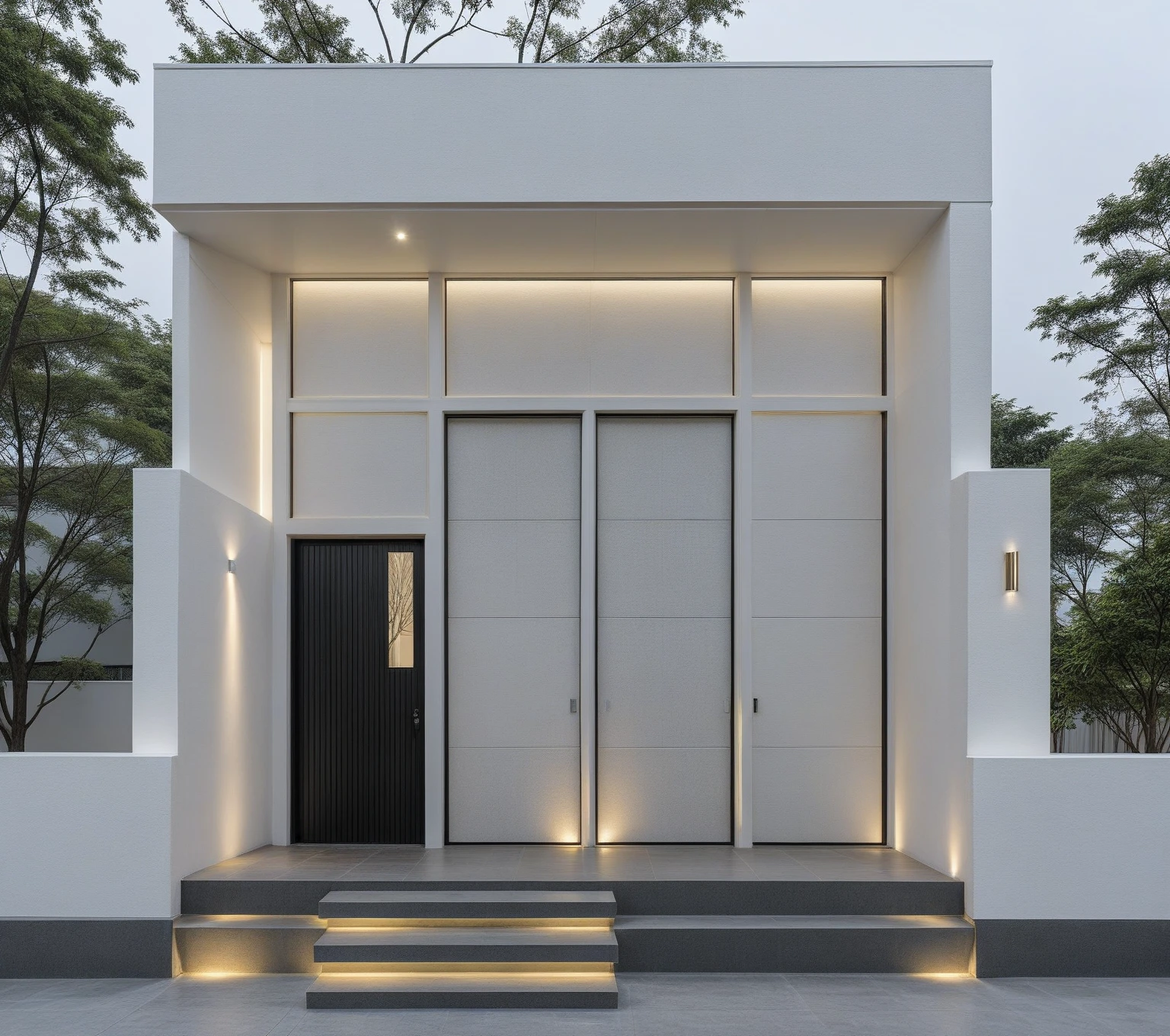 RAW photo, a photo of a modern house, (curvilinear archrchitecture:1.4), Wabisabi style rounded wall, white wall, steel black gate, sidewalk, sidewalk trees, ((grey gate:1.2)), road, viet nam modern residence, ((architectural shot)), rough white wall, new residential area, wide angle exterior 2022, contemporary house, exterior photography, masterpiece, contemporary architecture, overcast, indirect lighting