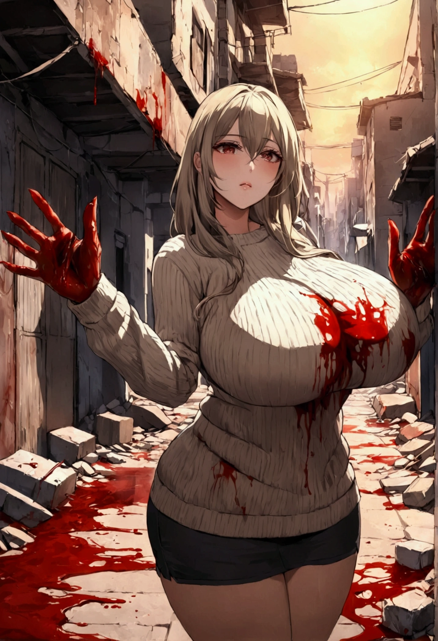 best quality masterpiece extremely detailed highres huge breasts sweater abandoned city bloody hands