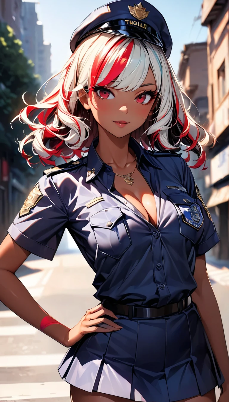 (highest quality:1.2, Very detailed, up to date, Vibrant, Ultra-high resolution, High Contrast, masterpiece:1.2, highest quality, Best aesthetics), Portraiture、girl、singer, solo, ((25-years-old:1)), Bright colors, Beautiful fine details、Beautiful lip detail、midium wave hair、red and white ((streaked hair:1.6)), highlights hair: 1.5, red eyes, slim body, meddium breast, (tan skin:1.1), ((Police Girl, very sexy police uniform, mini Skirt, Cute and elegant)), (very sexy police uniform:1), (focus on cleavage:1), (police cap:1), (The background is a street corner:1.5), (Floral Fineline tattoo design on left arm:1), hand on own hip, (cowboy shot:1),