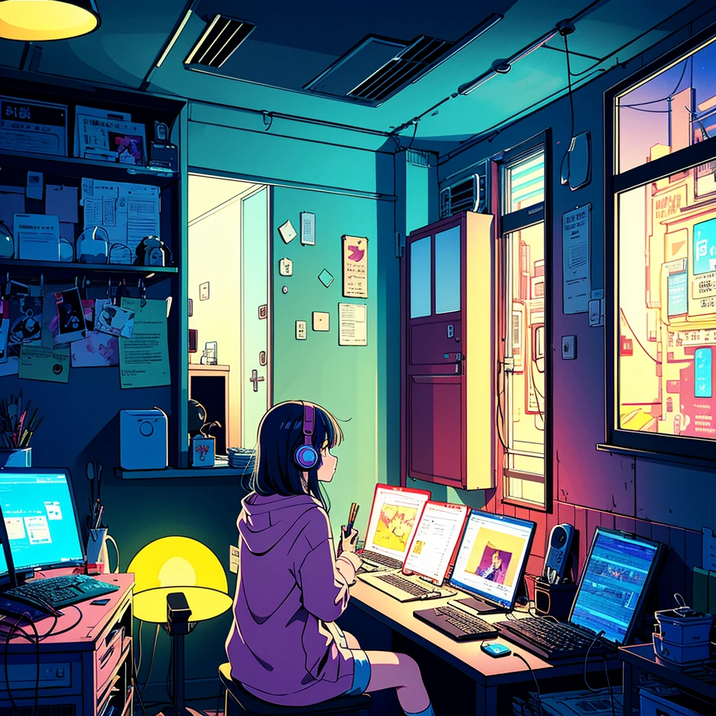 (From the back)、Anime girl sitting in front of a computer in a cozy bedroom、Girl listening to music in a cozy room(night)、You are using headphones、(窓からの美しいnight景)、lots of things、2D Anime Style、90s anime aesthetic、Lo-Fi、Very detailed、hard disk、A mix of anime style and Fujifilm、Surreal、8k、masterpiece