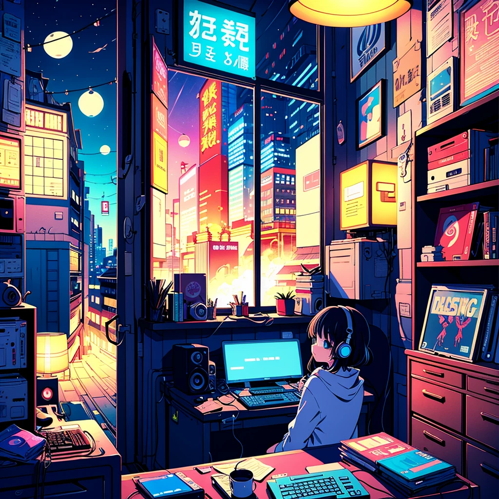 (From the back)、Anime girl sitting in front of a computer in a cozy bedroom、Girl listening to music in a cozy room(night)、You are using headphones、(窓からの美しいnight景)、lots of things、2D Anime Style、90s anime aesthetic、Lo-Fi、Very detailed、hard disk、A mix of anime style and Fujifilm、Surreal、8k、masterpiece