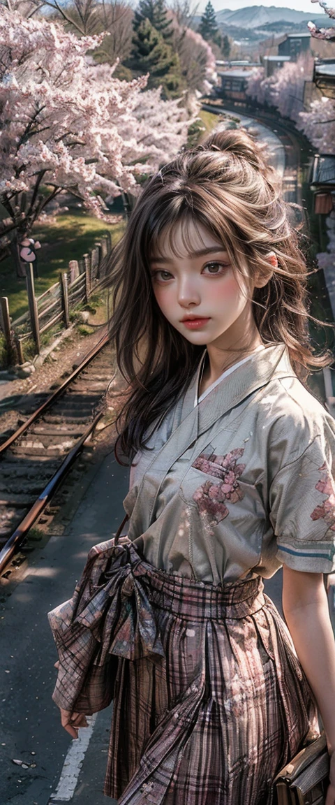 ((masterpiece, Highest quality, Best image quality, High resolution, Realistic, RAW Photos, 8k)), Spring Morning, In a rural town in Japan, Students walk along the cherry blossom-lined street to the station, (View from above:1.3), The train is running、