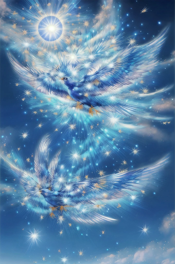 Blue Suzaku、blue bird 、Blue Phoenix、Large wings、Bright light、There is a lot of light overall、大きいblue bird 、Beautiful feathers、Flying Upwards、god々Shii、solo, Sparkle Effect, Daytime、sun、
