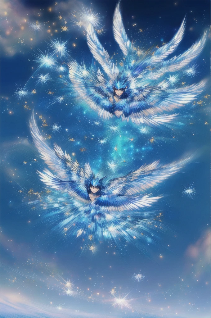 Blue Suzaku、blue bird 、Blue Phoenix、Large wings、Bright light、There is a lot of light overall、大きいblue bird 、Beautiful feathers、Flying Upwards、god々Shii、solo, Sparkle Effect, Daytime、sun、