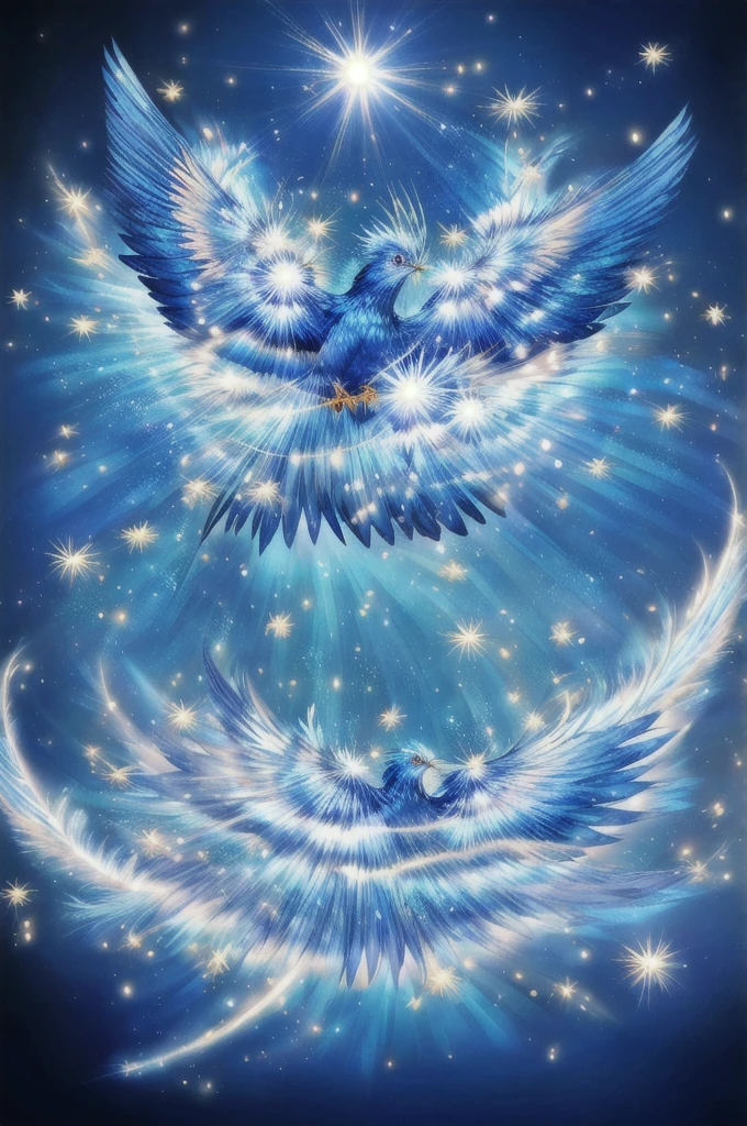 Blue Suzaku、blue bird 、Blue Phoenix、Large wings、Bright light、There is a lot of light overall、大きいblue bird 、Beautiful feathers、Flying Upwards、god々Shii、solo, Sparkle Effect, Daytime、sun、