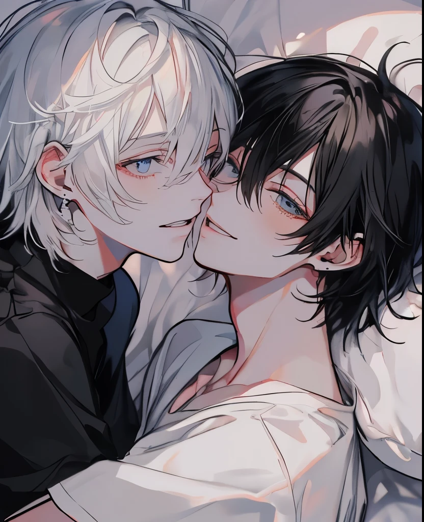 (Mastepiece), (Best Quality), Very detailed, ((Two men kissing on the cheek)), Perfect Face, (Happy Face:1.3)、Beautiful Face, Very detailed顔,(One black-haired man:1.3),(One white-haired man:1.3),T-Shirts、smile、bed