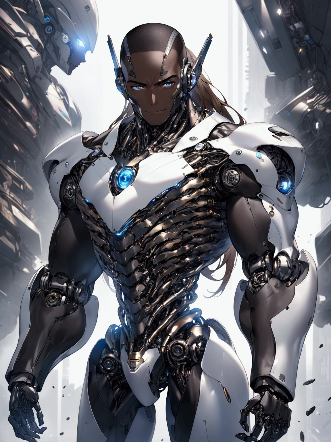 ((masterpiece)), ((best quality)), (from front, facing front), (cyber, war robot, massive), 1man, adult man, solo, black skin, human head, long brown hair, blue eyes, solid white robot armor, smiling, hyper-detailed, metallic sheen, futuristic, mechanical, striking, powerful, awe-inspiring, moody, atmospheric