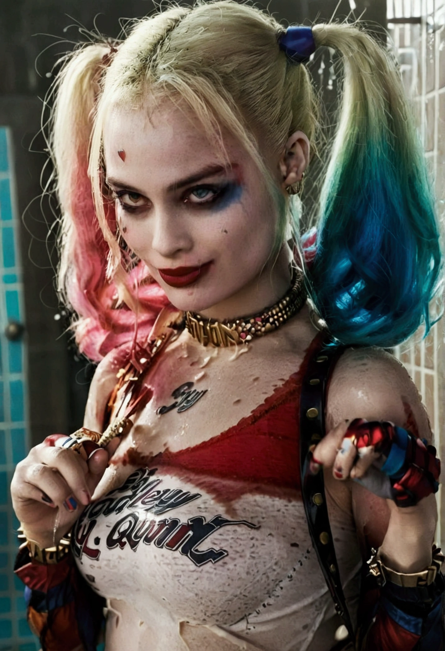 very sexy harley quinn taking a shower without cloths