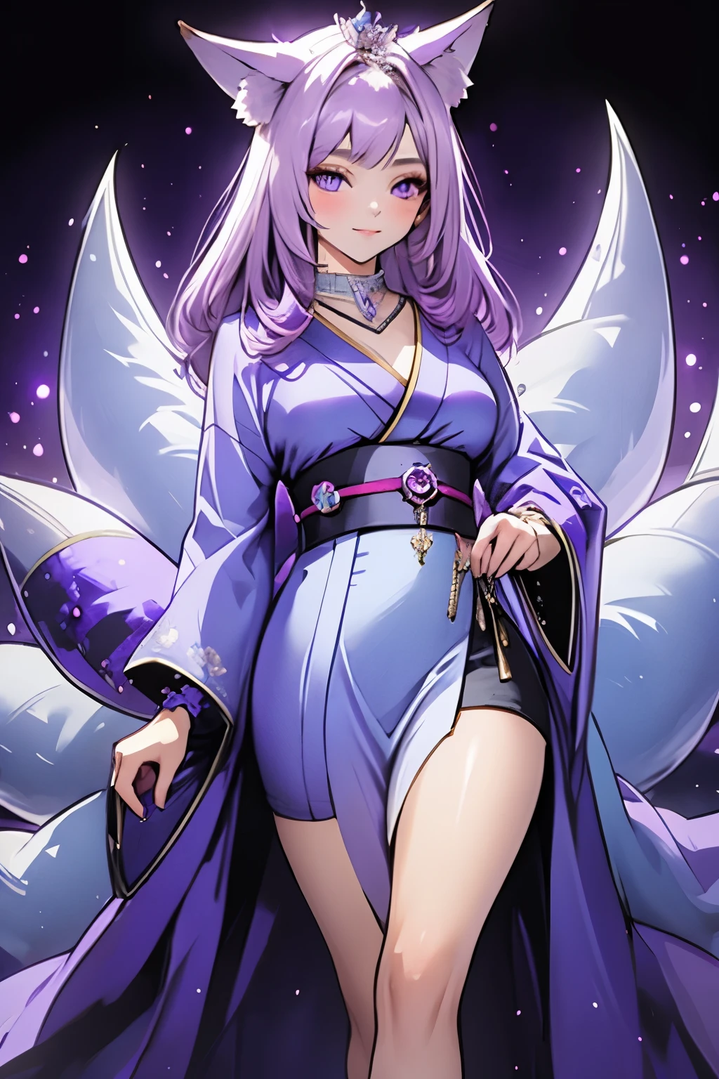 ((best quality)), ((masterpiece)), (detailed), detailed eyes, detailed hands, full-length image, female humanoid kitsune, standing, wearing a short thigh-length kimono, crystal crown on top of her head, long light purple hair, light purple fox ears, detailed crystal fox tails, delicate and beautiful detailing, beautiful face, well-proportioned detailed purple eyes, round detailed purple eyes and makeup, beautiful detailed and clear purple eyes, volume smooth and sharp, long flat bangs, fictional art, best photos, best quality, delicate, mouth closed smile, not fully smiling