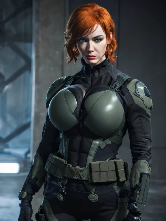 Imagine Christina Hendricks as a Metal Gear Solid character, powerful female character, short wavy orange hair and bright blue eyes, 48 years old, high-quality face study of Christina Hendricks, buxom chested, deep cleavage, (Christina's sculpted cheekbones and slight wrinkles around the face), mascara, eyeshadow, red lipstick, plump lips, intricate high-quality study of Christina Hendricks buxom physique, striking and mature facial features, agile and athletic build, (Wearing: Fingerless Gloves, skin-tight suit, black and green stealth suit, cleavage cutout, utility belt, metallic armlets, armored boots, gun holsters), The suit is so tight that Christina Hendricks breasts barely fit in it, The suit emphasizes her stealth and combat prowess. Stealthy and formidable presence of the character, hyper-realistic rendering to capture every minute detail, showcasing the mastery of digital portrait artistry, ultimate photorealistic quality, highly detailed facial expression showcasing the determination and strategy of the character, subtle hints of high-tech and militaristic elements reflecting the true essence of the Metal Gear Solid universe, vibrant colors with deep gray’s and contrasting cool tones, creating a visually striking and captivating portrait.
