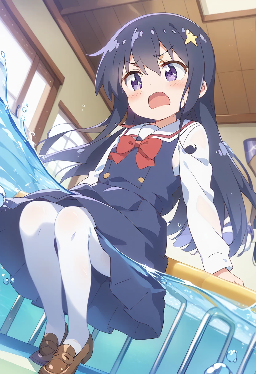 score_9, score_8_up, score_7_up, source_アニメ, masterpiece, 1girl, watahana, , blue dress, sailor dress, pinafore dress, white sailor collar,white shirt, red bowtie, long sleeves, flat chest, white pantyhose, loafers, indoors, shiny hair, cuteポーズ, (Completely flooded)、((Wind power increase))、((The skirt spreads over the water surface.))、(Drowning), Immersed in water、Transparent pool, Water Play, Primary school students、Skirt fully open、Long wide skirt、cute、blush、Watery eye、Lots of water、Wet