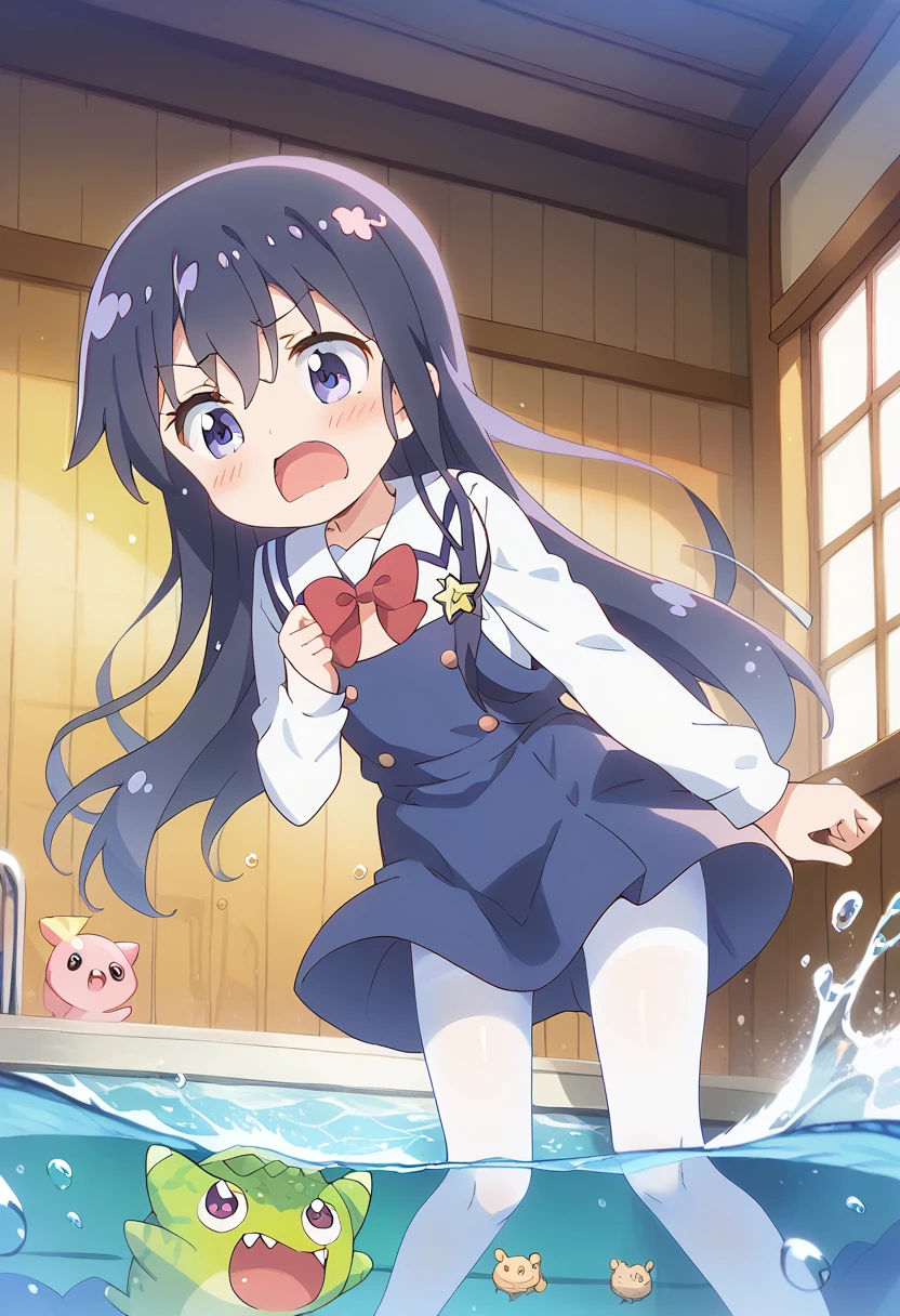 score_9, score_8_up, score_7_up, source_アニメ, masterpiece, 1girl, watahana, , blue dress, sailor dress, pinafore dress, white sailor collar,white shirt, red bowtie, long sleeves, flat chest, white pantyhose, loafers, indoors, shiny hair, cuteポーズ, (Completely flooded)、((Wind power increase))、((The skirt spreads over the water surface.))、(Drowning), Immersed in water、Transparent pool, Water Play, Primary school students、Skirt fully open、Long wide skirt、cute、blush、Watery eye、Lots of water、Wet