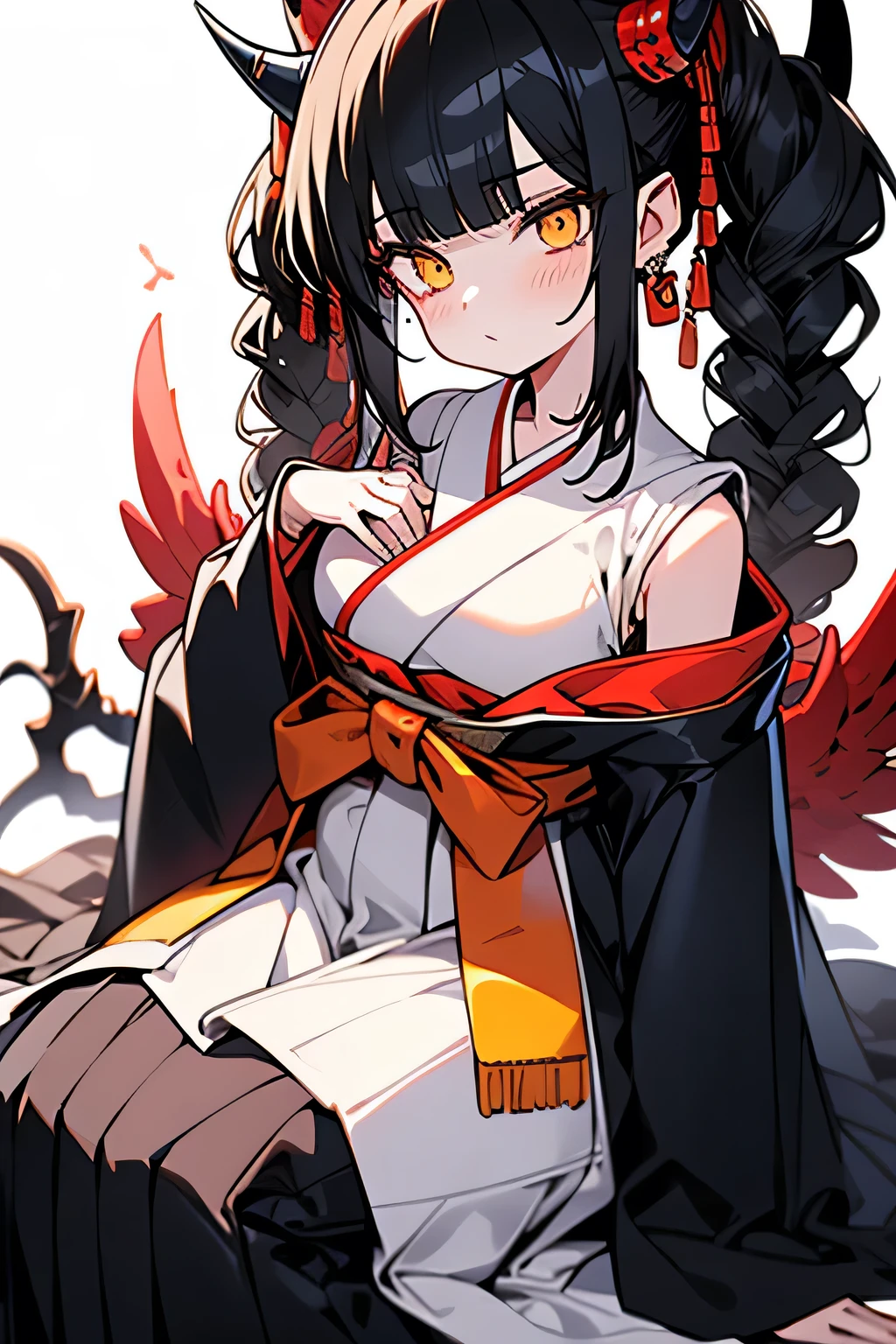 horn, hakama, Bblack hair, yellow eyes, female