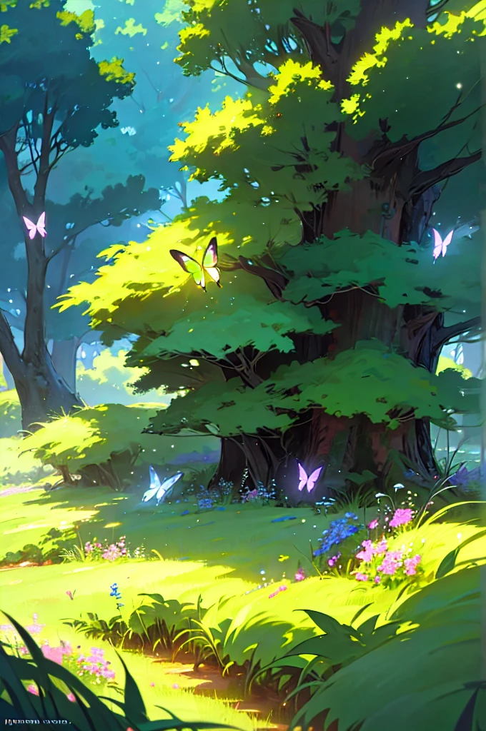 highly detailed, studio ghibli style landscape, enchanted meadow, lush greenery, vibrant colors, warm lighting, fireflies, butterflies, mystical atmosphere, cinematic composition, (best quality,4k,8k,highres,masterpiece:1.2),ultra-detailed,(realistic,photorealistic,photo-realistic:1.37),fantasy,digital painting,concept art