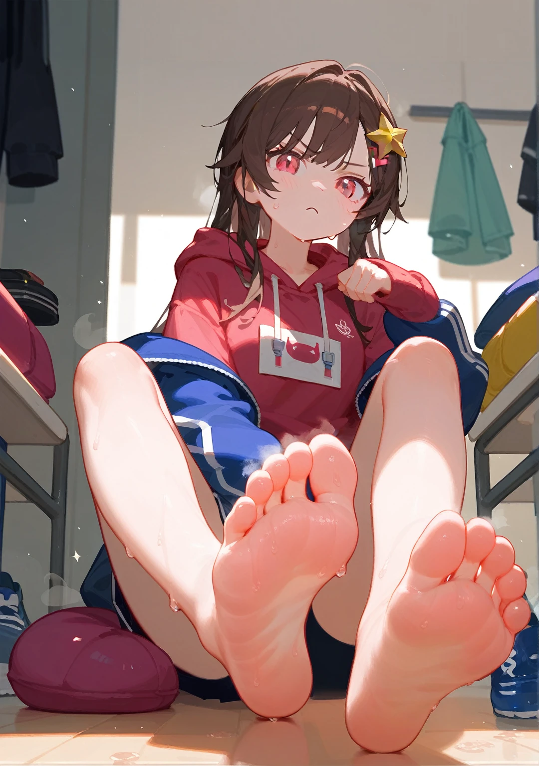 wallpaper，The background is in the classroom，Brown hair， Long hair，best quality, Very detailed, masterpiece, Extremely detailed, illustration, Sky,Foot Focus, barefoot,Stinky feet,Steam around feet,The soles of your feet sweat a lot，Pink Eyes，There is a big yellow five-pointed star hairpin in the hair，frown，Open your mouth