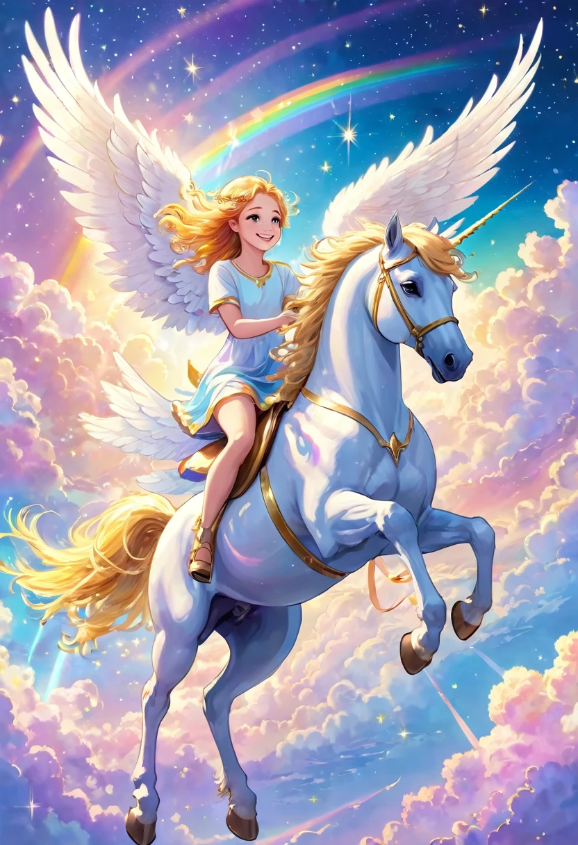 A white Pegasus flying in the sky with a pastel rainbow, a smiling girl angel is riding a Pegasus, joy, happiness, Pegasus has golden standing hair, sacred, clouds, shooting stars, fine grains of light, perfection lighting